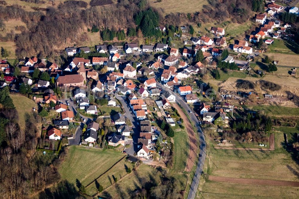 Niederschlettenbach aus der Vogelperspektive: Dorf - Ansicht am Rande von Feldern in Niederschlettenbach im Bundesland Rheinland-Pfalz, Deutschland