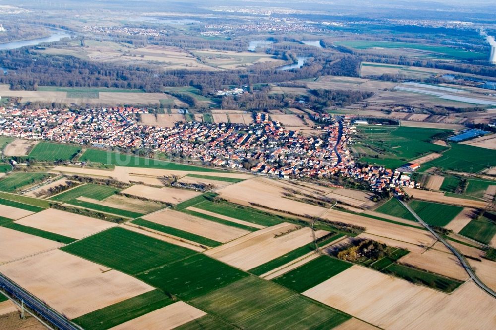 Luftaufnahme Römerberg - Dorf - Ansicht am Rande von Feldern im Ortsteil Heiligenstein in Römerberg im Bundesland Rheinland-Pfalz, Deutschland