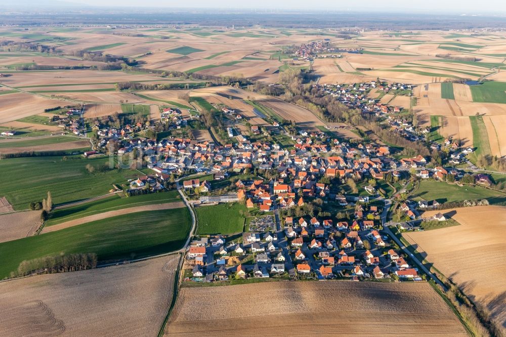 Trimbach von oben - Dorf - Ansicht am Rande von Feldern in Trimbach in Grand Est, Frankreich