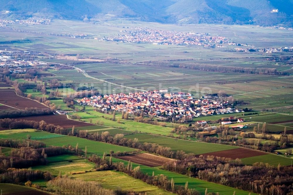 Luftaufnahme Venningen - Dorf - Ansicht am Rande von Feldern in Venningen im Bundesland Rheinland-Pfalz