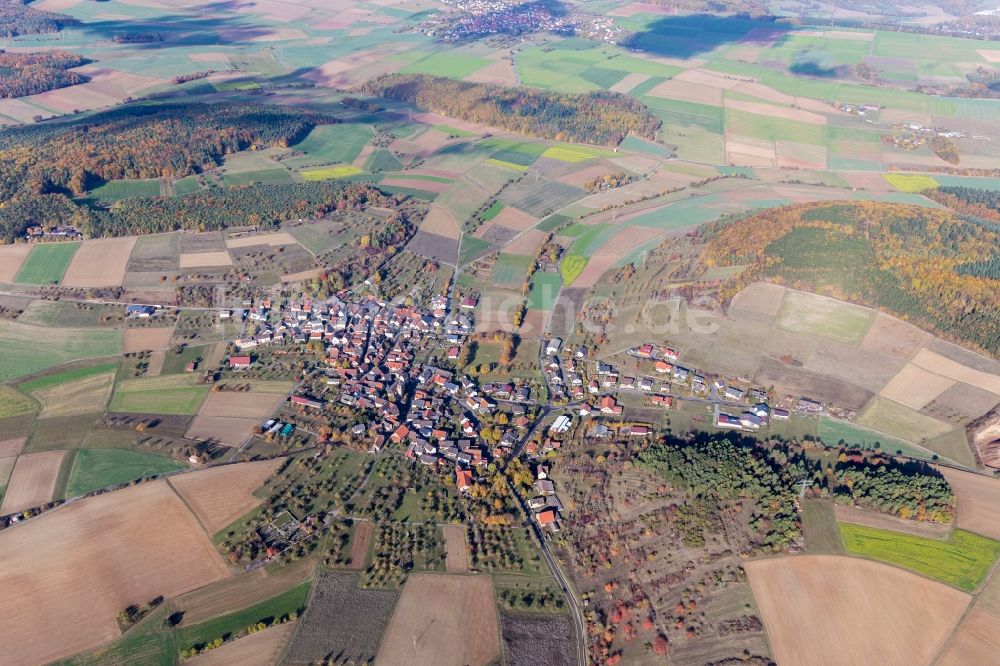 Eiersheim von oben - Dorf - Ansicht am Rande von landwirtschaftlichen Feldern in Eiersheim im Bundesland Baden-Württemberg, Deutschland