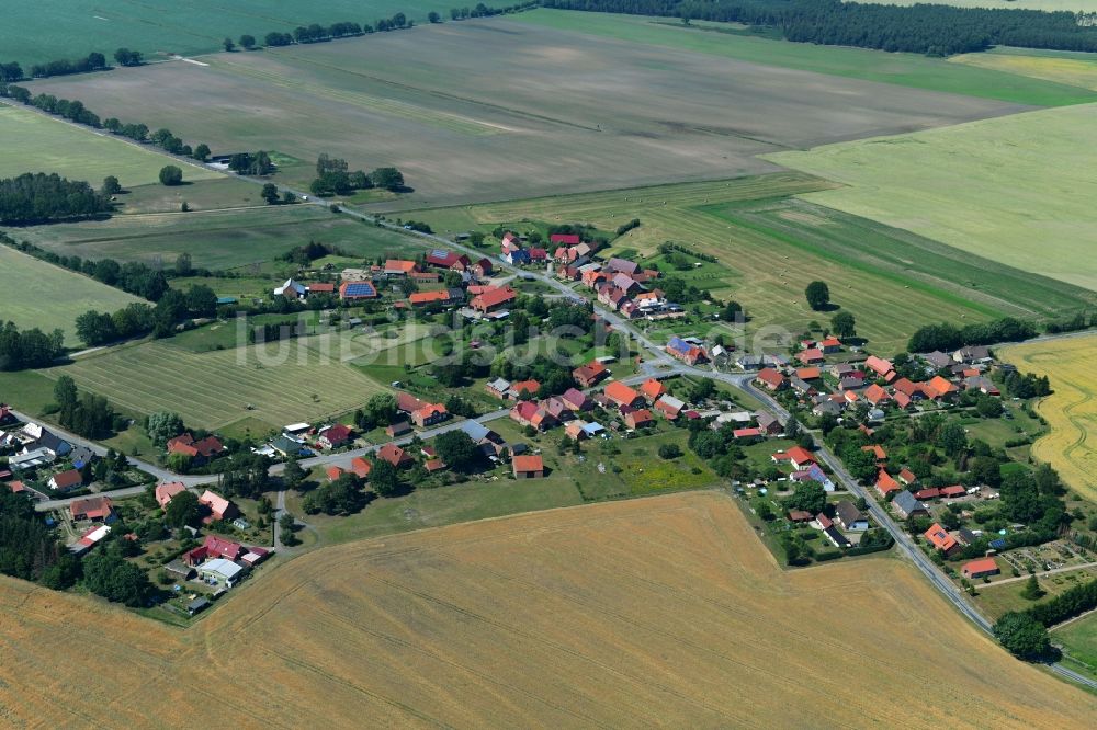 Loosen aus der Vogelperspektive: Dorf - Ansicht am Rande von landwirtschaftlichen Feldern in Loosen im Bundesland Mecklenburg-Vorpommern, Deutschland