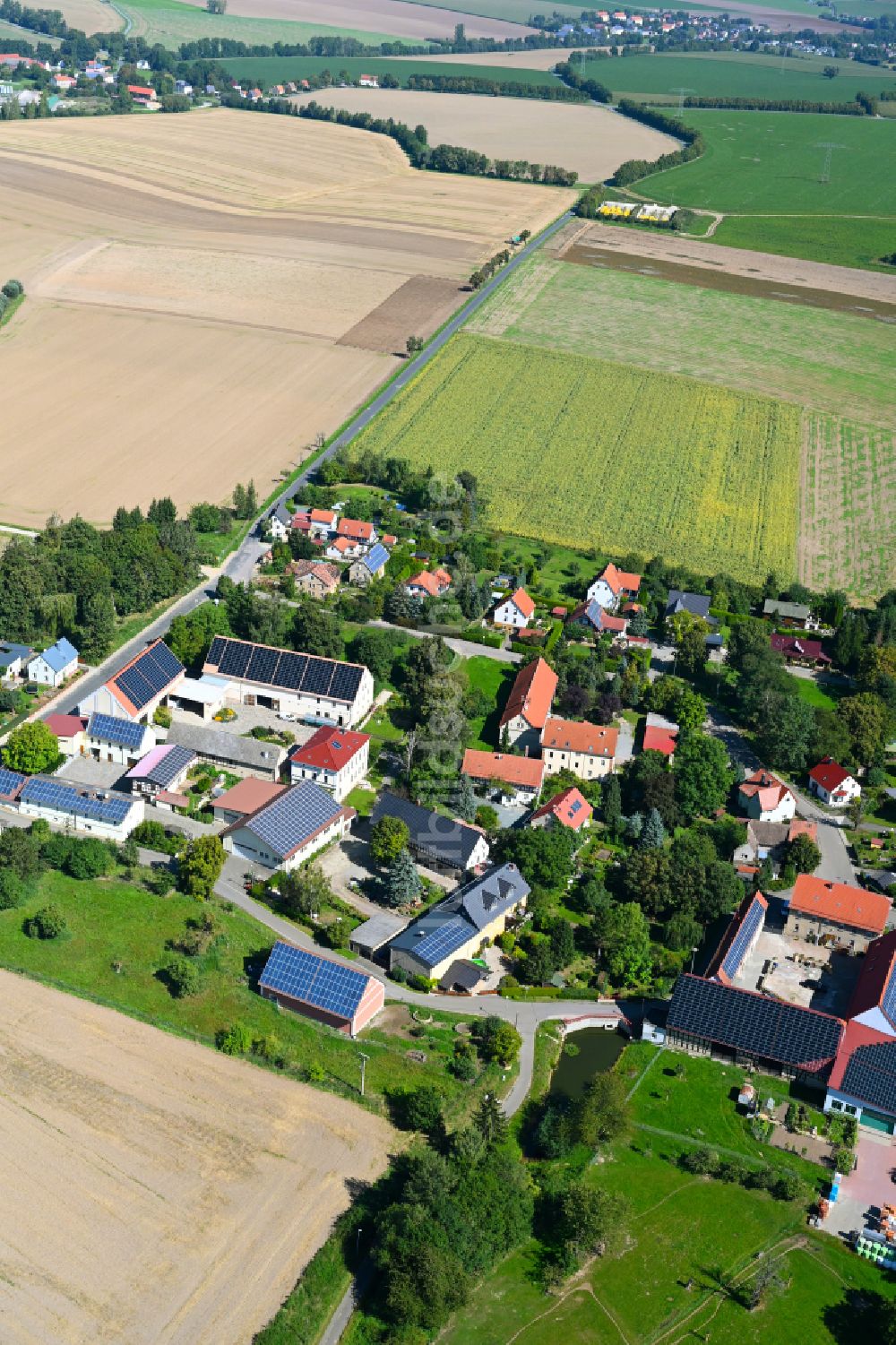 Drogen aus der Vogelperspektive: Dorf - Ansicht am Rande von Waldgebieten in Drogen im Bundesland Thüringen, Deutschland