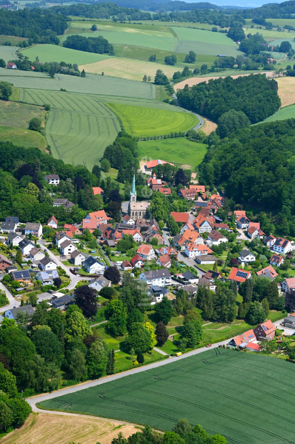 Hillentrup aus der Vogelperspektive: Dorf - Ansicht am Rande von Waldgebieten in Hillentrup im Bundesland Nordrhein-Westfalen, Deutschland