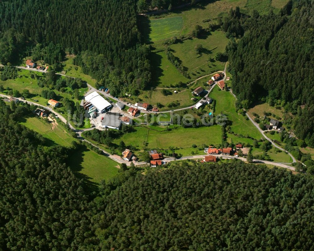 Hinterbach aus der Vogelperspektive: Dorf - Ansicht am Rande Waldgebieten in Hinterbach im Bundesland Hessen, Deutschland