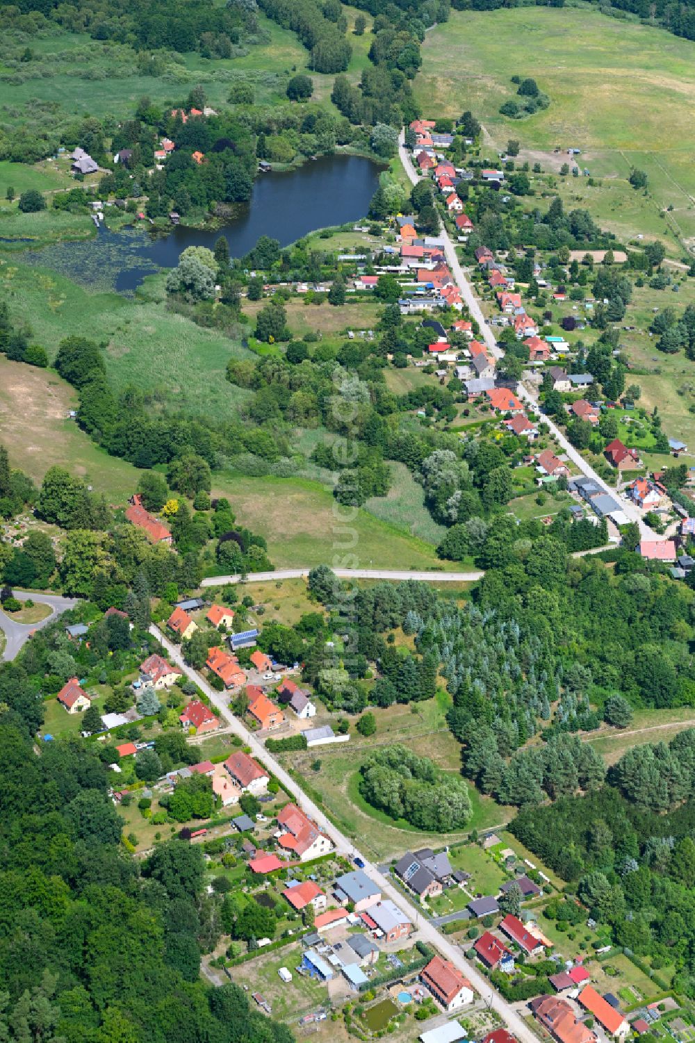 Luftaufnahme Mühl Rosin - Dorf - Ansicht am Rande von Waldgebieten in Mühl Rosin im Bundesland Mecklenburg-Vorpommern, Deutschland