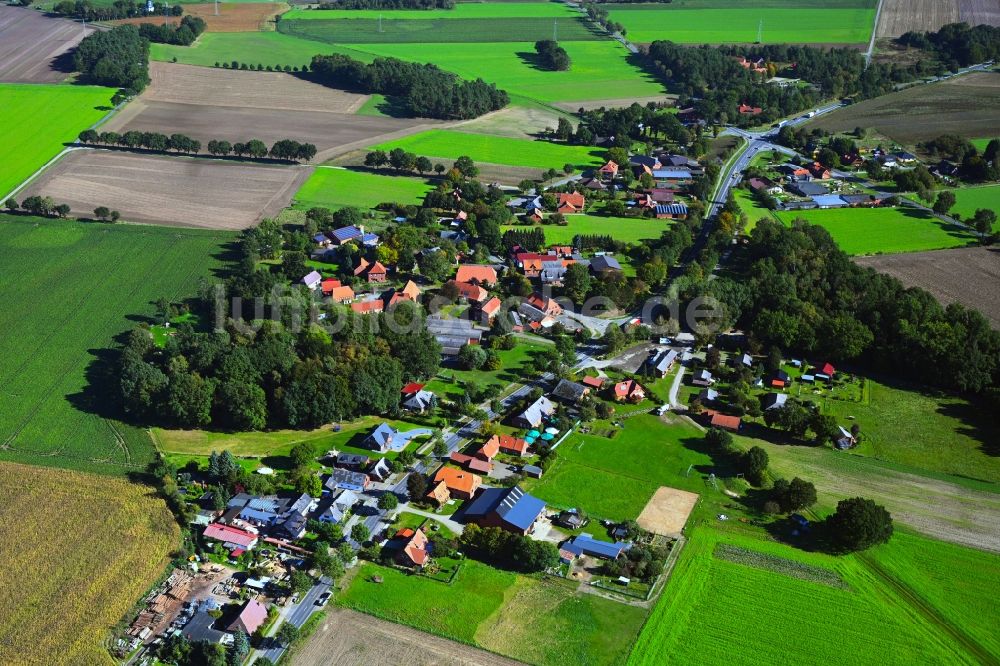 Schmessau aus der Vogelperspektive: Dorf - Ansicht am Rande Waldgebieten in Schmessau im Bundesland Niedersachsen, Deutschland