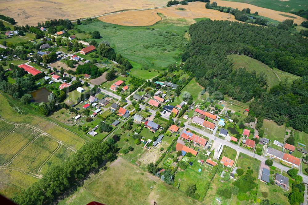 Schwiggerow aus der Vogelperspektive: Dorf - Ansicht am Rande von Waldgebieten in Schwiggerow im Bundesland Mecklenburg-Vorpommern, Deutschland