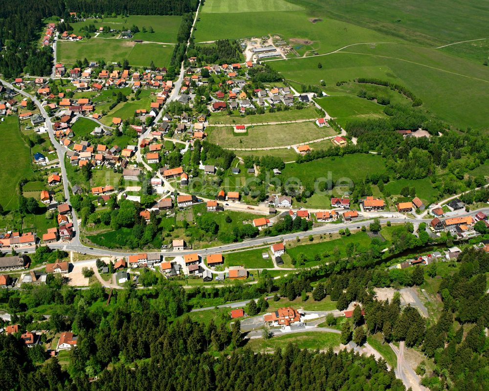 Tanne von oben - Dorf - Ansicht am Rande von Waldgebieten in Tanne im Bundesland Sachsen-Anhalt, Deutschland