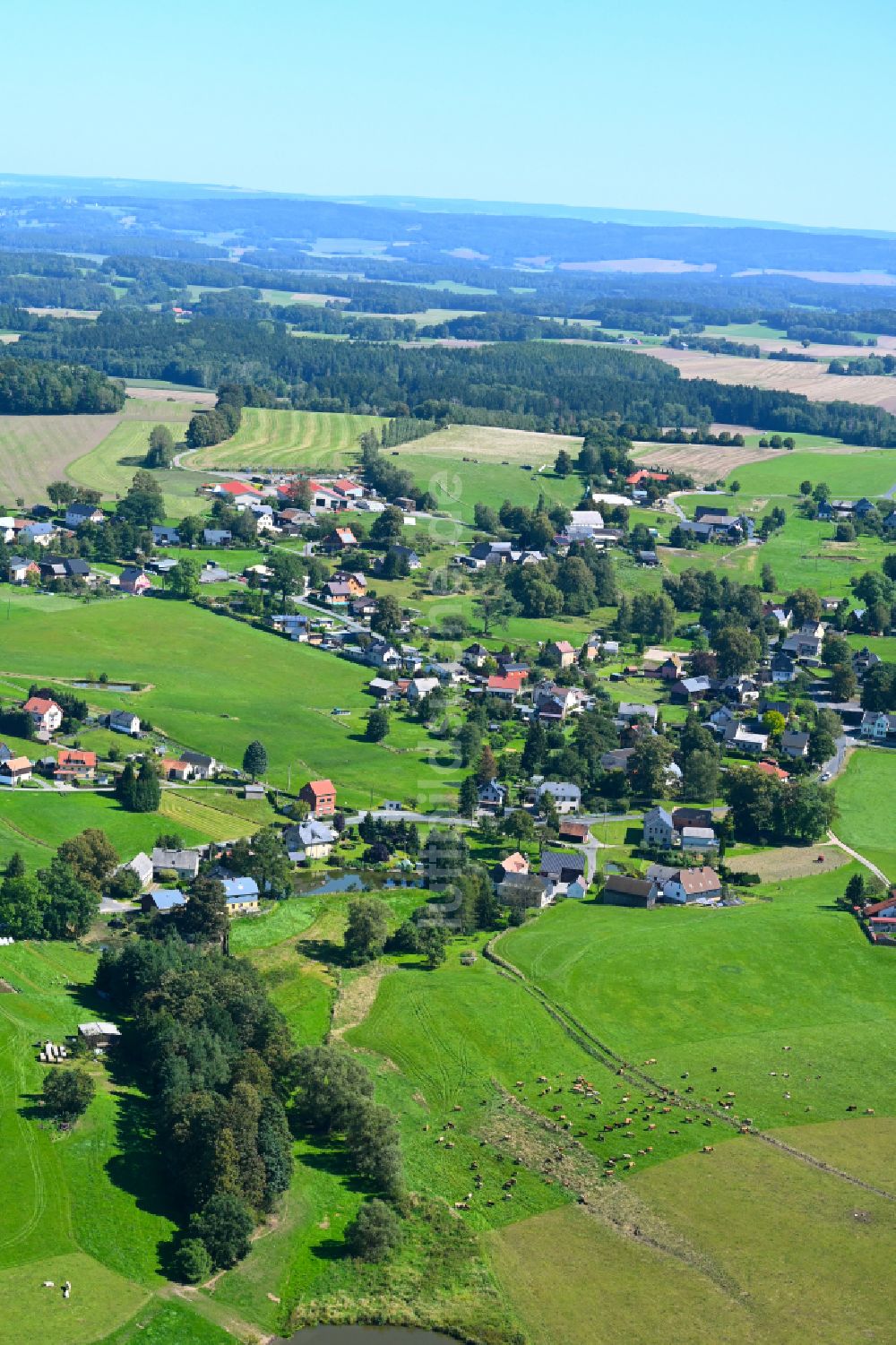 Waldkirchen von oben - Dorf - Ansicht am Rande von Waldgebieten in Waldkirchen im Bundesland Sachsen, Deutschland