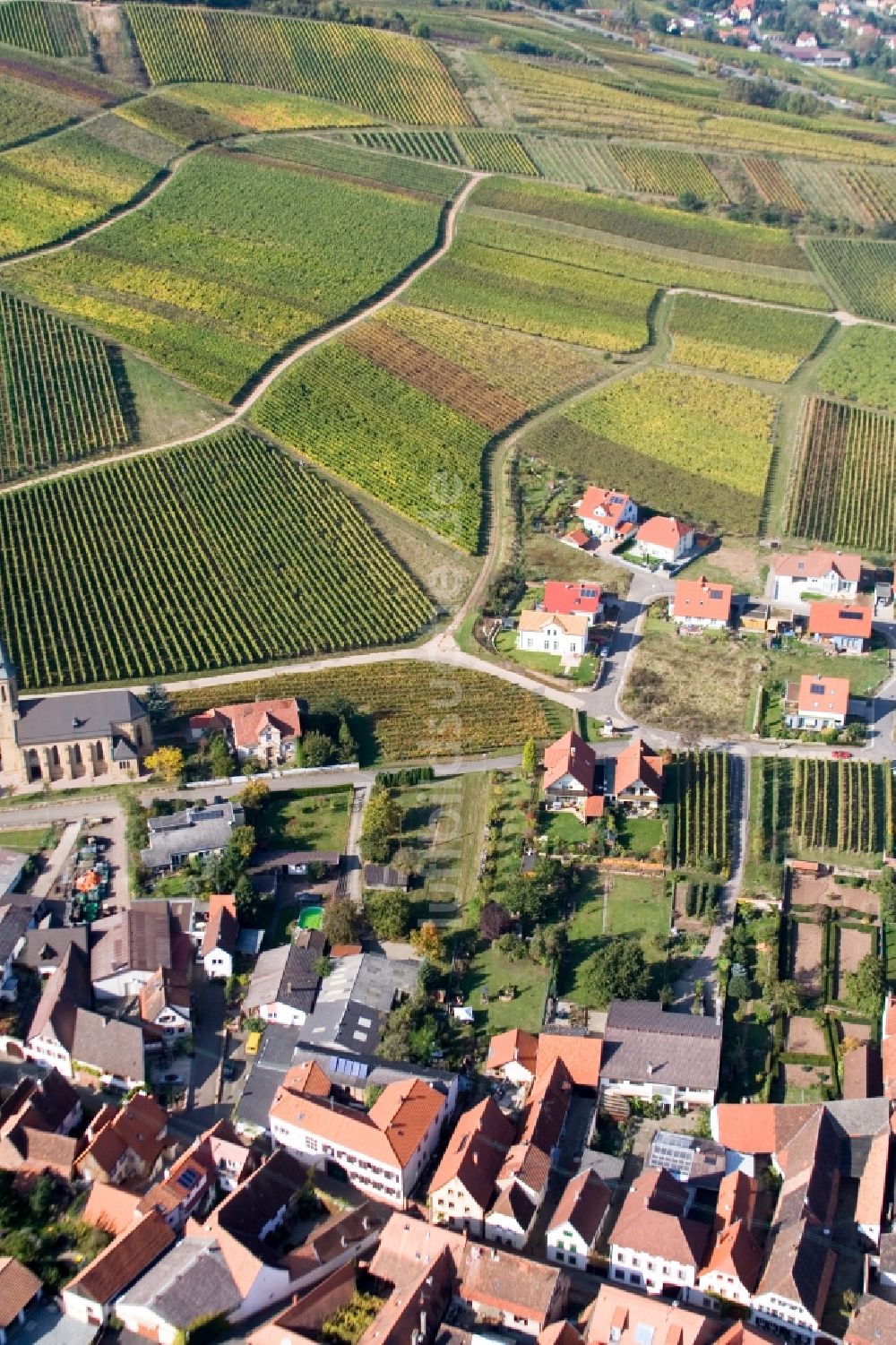 Luftbild Birkweiler - Dorf - Ansicht am Rande von Weinbergen in Birkweiler im Bundesland Rheinland-Pfalz