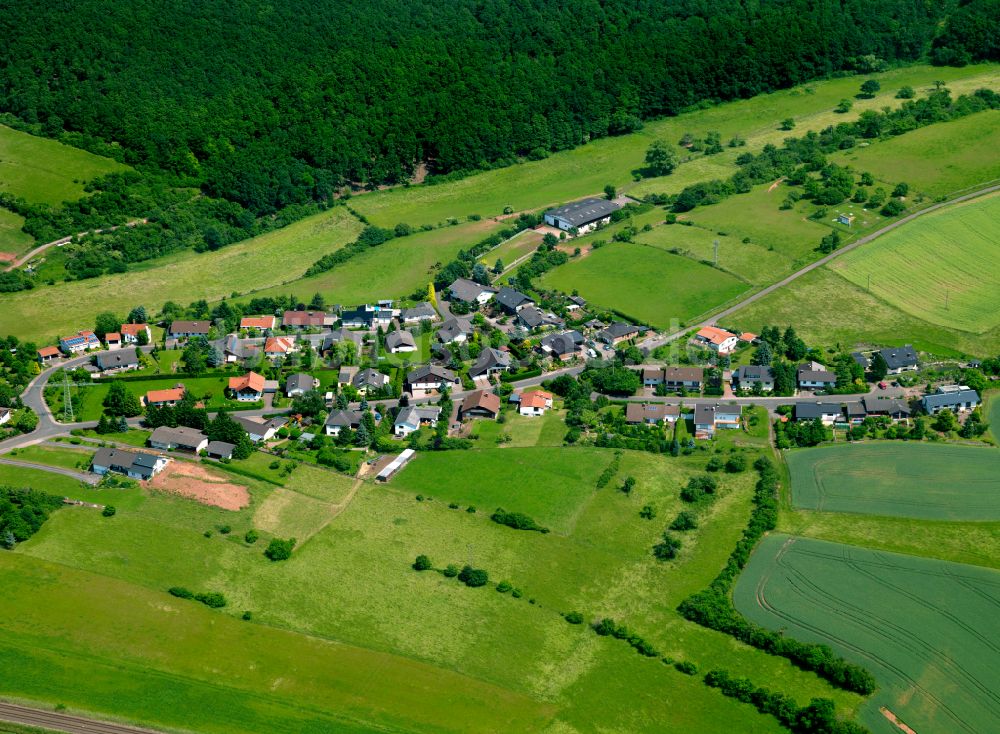 Bahnhof Langmeil von oben - Dorfkern am Feldrand in Bahnhof Langmeil im Bundesland Rheinland-Pfalz, Deutschland