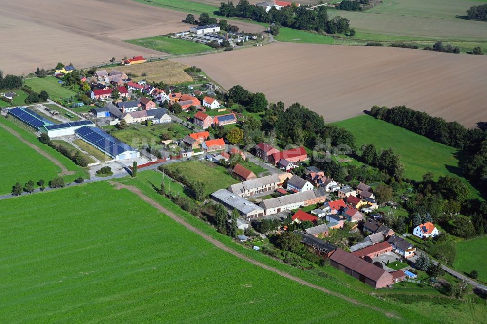 Bietegast von oben - Dorfkern am Feldrand in Bietegast im Bundesland Sachsen-Anhalt, Deutschland