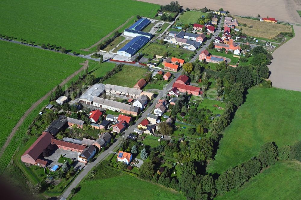 Bietegast von oben - Dorfkern am Feldrand in Bietegast im Bundesland Sachsen-Anhalt, Deutschland