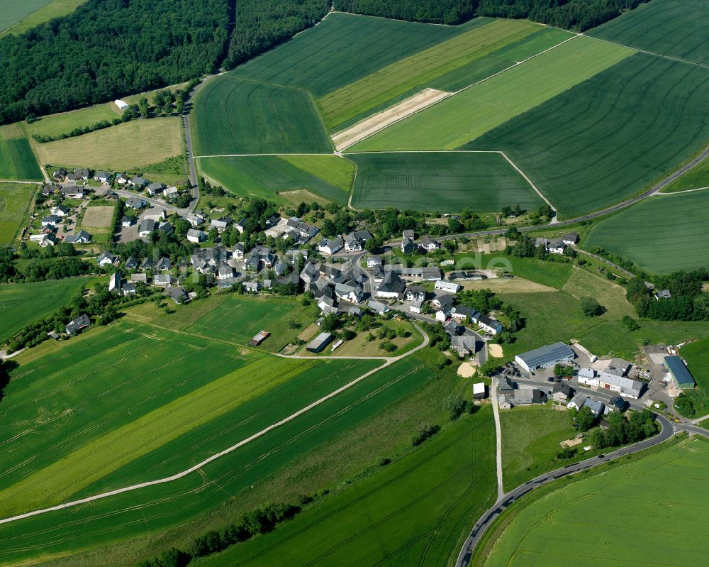 Luftaufnahme Budenbach - Dorfkern am Feldrand in Budenbach im Bundesland Rheinland-Pfalz, Deutschland