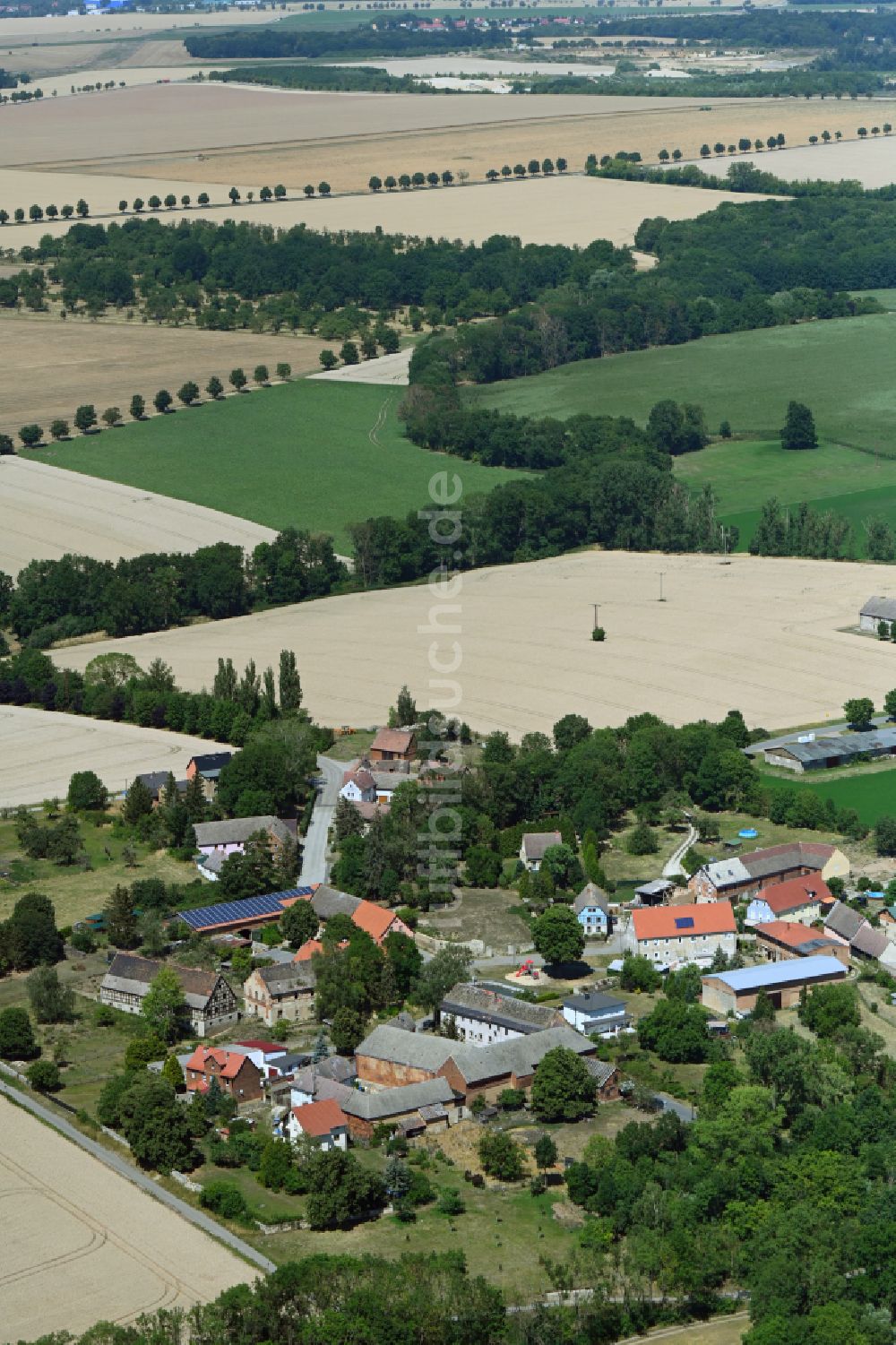 Crauschwitz aus der Vogelperspektive: Dorfkern am Feldrand in Crauschwitz im Bundesland Sachsen-Anhalt, Deutschland