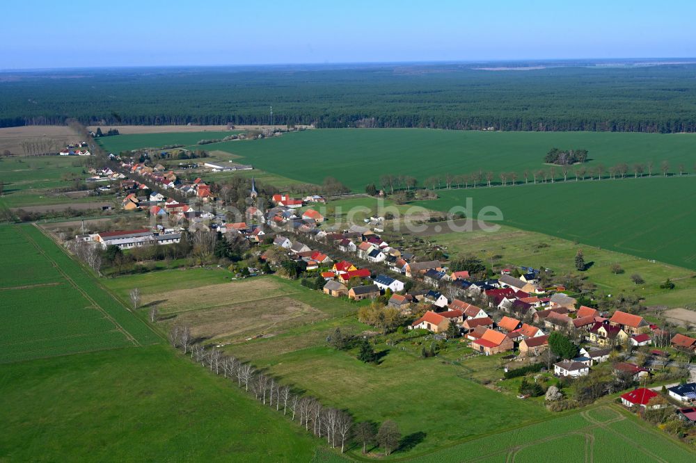 Dierberg aus der Vogelperspektive: Dorfkern am Feldrand in Dierberg im Bundesland Brandenburg, Deutschland