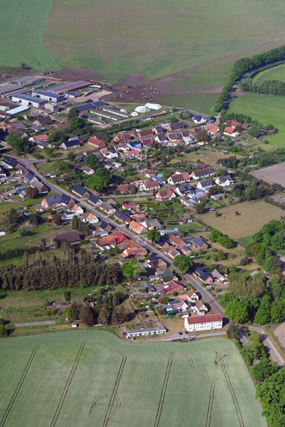 Dütschow aus der Vogelperspektive: Dorfkern am Feldrand in Dütschow im Bundesland Mecklenburg-Vorpommern, Deutschland