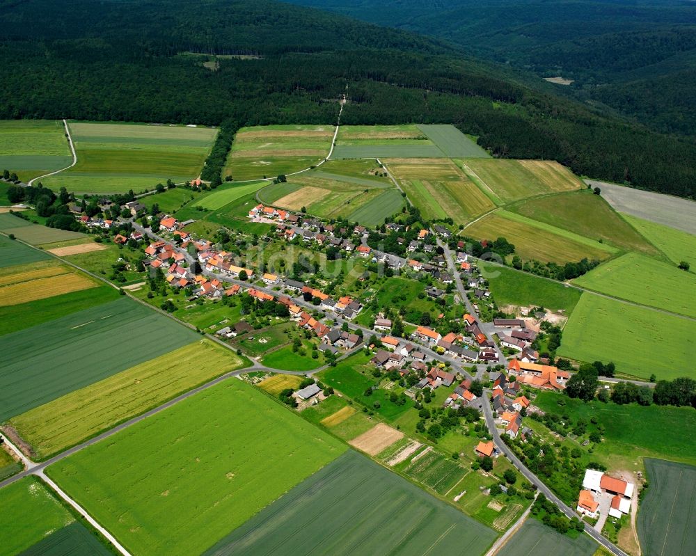 Ellershausen bei Münden aus der Vogelperspektive: Dorfkern am Feldrand in Ellershausen bei Münden im Bundesland Niedersachsen, Deutschland