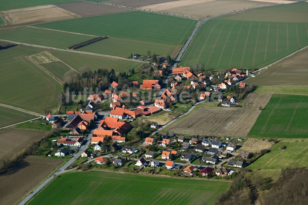 Hoyershausen aus der Vogelperspektive: Dorfkern am Feldrand entlang der Langestraße in Hoyershausen im Bundesland Niedersachsen, Deutschland