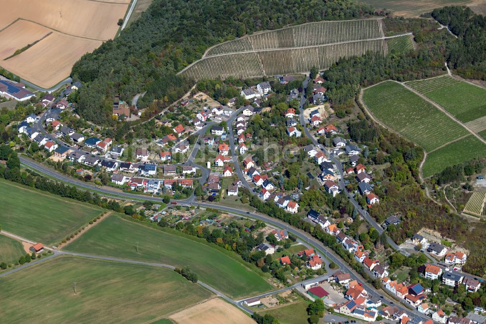 Erlenbach bei Marktheidenfeld aus der Vogelperspektive: Dorfkern am Feldrand in Erlenbach bei Marktheidenfeld im Bundesland Bayern, Deutschland