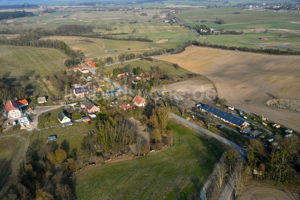 Friedenfelde aus der Vogelperspektive: Dorfkern am Feldrand in Friedenfelde im Bundesland Brandenburg, Deutschland