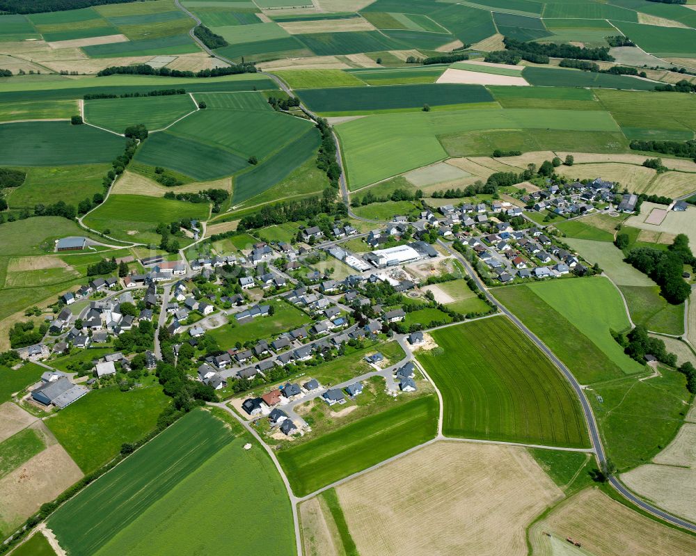 Heinzenbach aus der Vogelperspektive: Dorfkern am Feldrand in Heinzenbach im Bundesland Rheinland-Pfalz, Deutschland