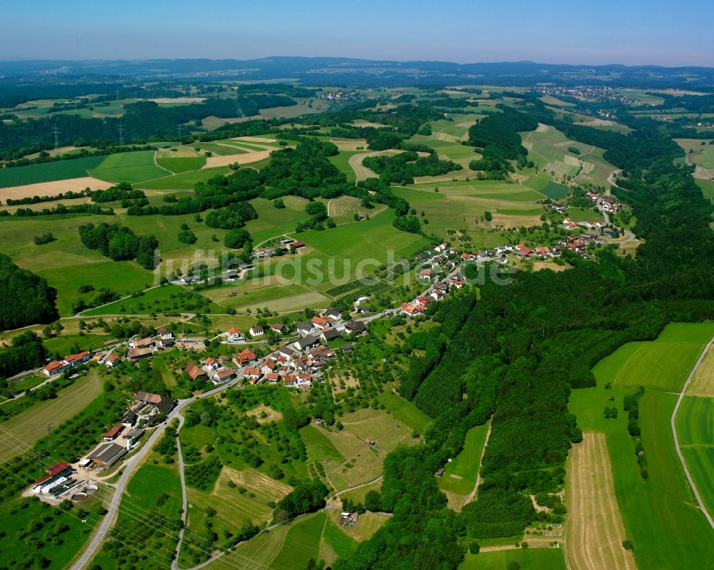 Indlekofen aus der Vogelperspektive: Dorfkern am Feldrand in Indlekofen im Bundesland Baden-Württemberg, Deutschland