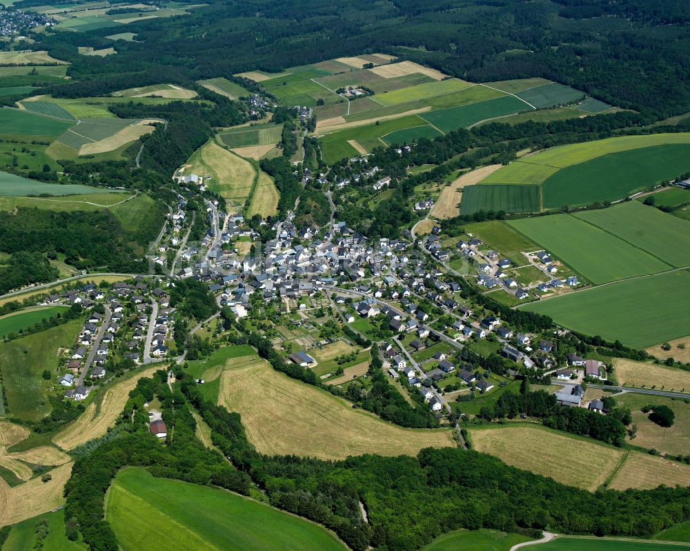 Mengerschied aus der Vogelperspektive: Dorfkern am Feldrand in Mengerschied im Bundesland Rheinland-Pfalz, Deutschland