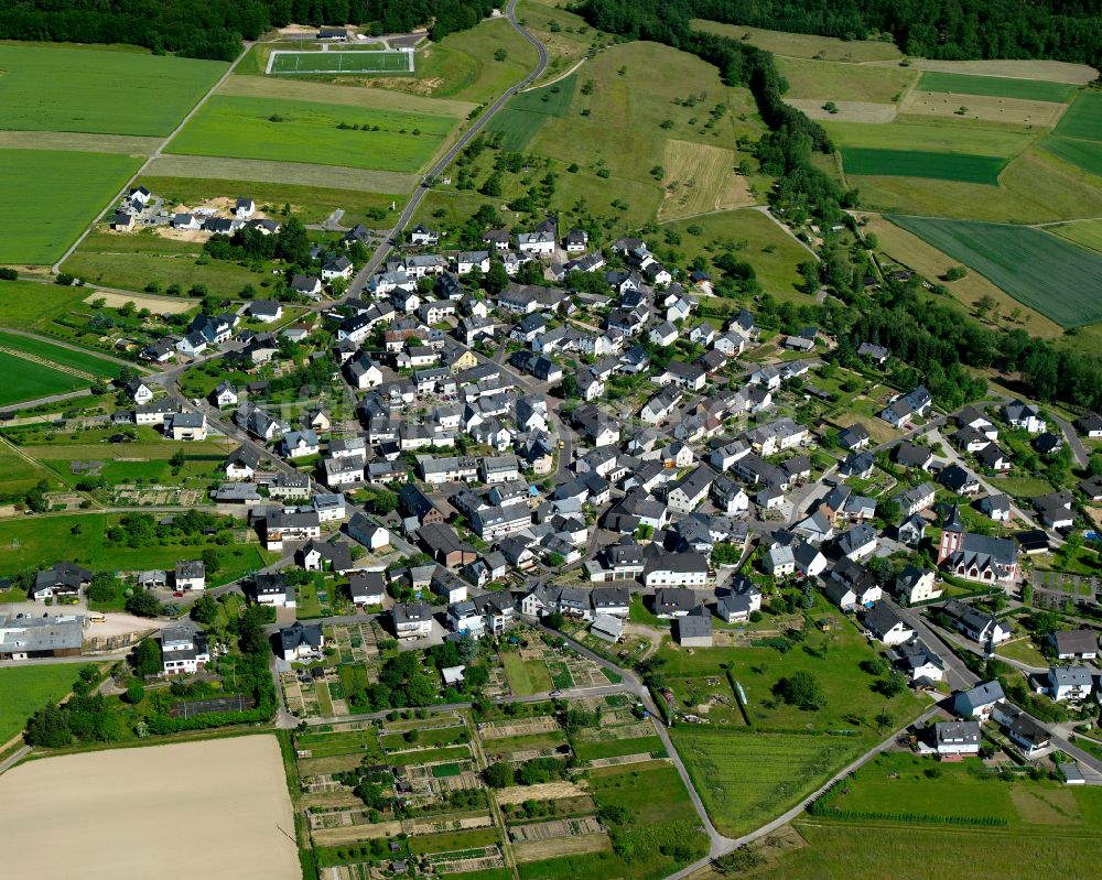 Niederburg aus der Vogelperspektive: Dorfkern am Feldrand in Niederburg im Bundesland Rheinland-Pfalz, Deutschland