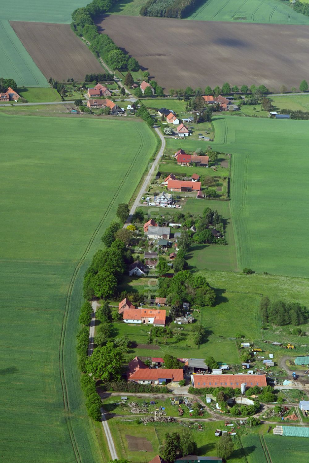 Pogreß aus der Vogelperspektive: Dorfkern am Feldrand in Pogreß im Bundesland Mecklenburg-Vorpommern, Deutschland