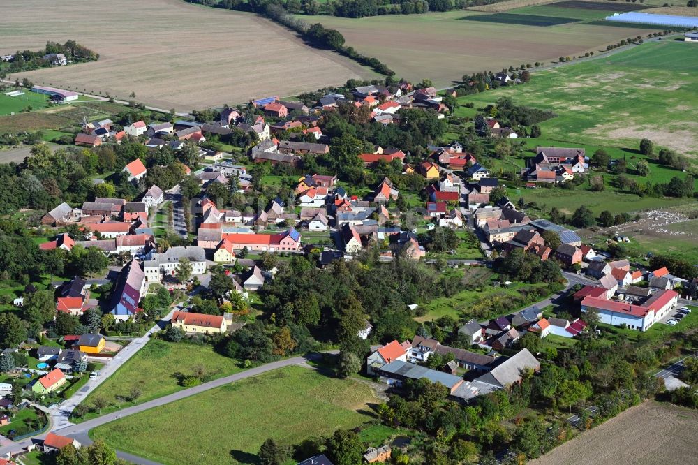 Rackith aus der Vogelperspektive: Dorfkern am Feldrand in Rackith im Bundesland Sachsen-Anhalt, Deutschland