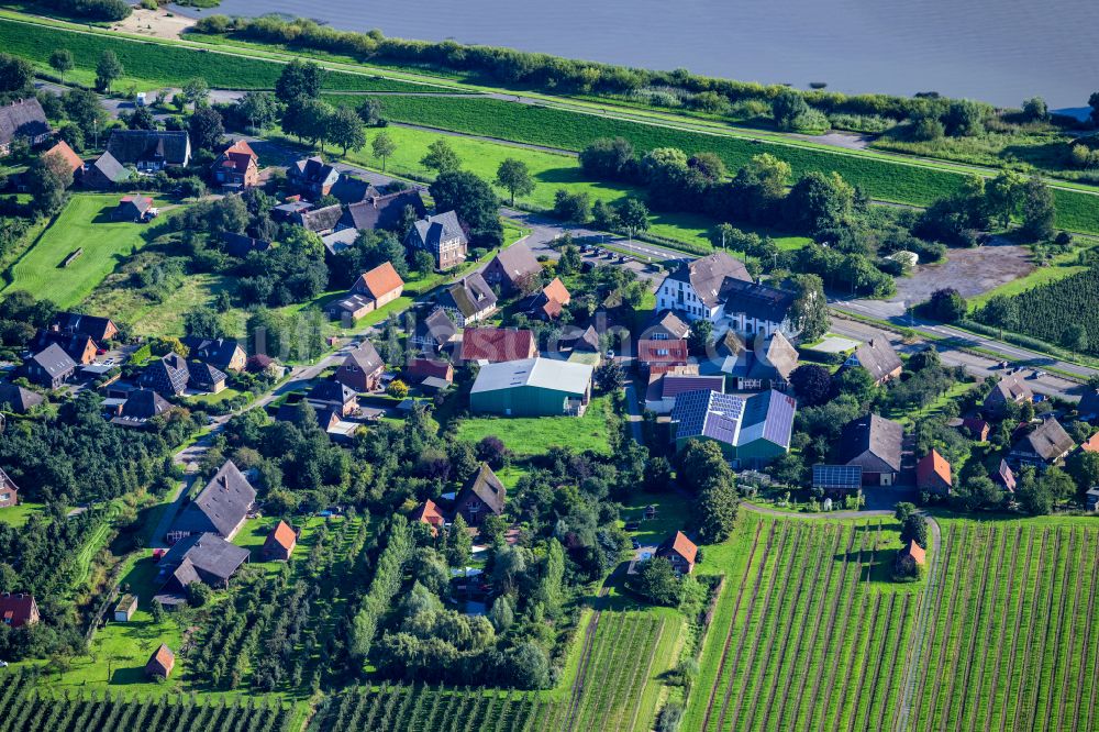 Wisch von oben - Dorfkern an den Fluss- Uferbereichen der Elbe in Wisch im Bundesland Niedersachsen, Deutschland