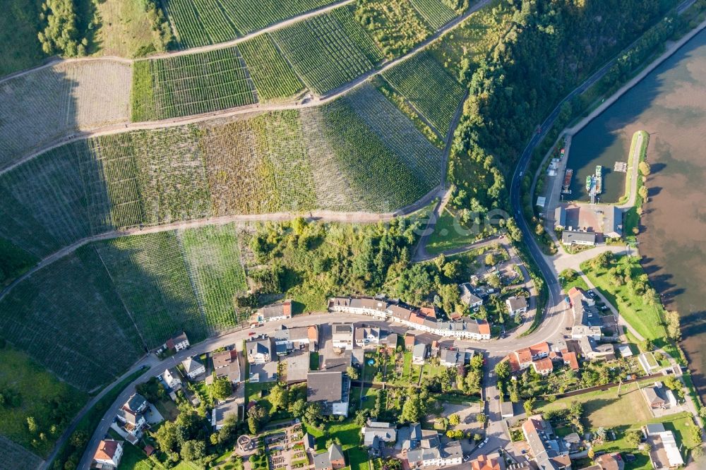 Saarburg aus der Vogelperspektive: Dorfkern an den Fluss- Uferbereichen der Saar im Ortsteil Niederleuken in Saarburg im Bundesland Rheinland-Pfalz, Deutschland