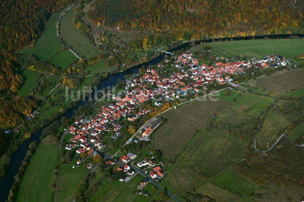 Luftaufnahme Frankenroda - Dorfkern an den Fluss- Uferbereichen Werra in Frankenroda im Bundesland Thüringen, Deutschland