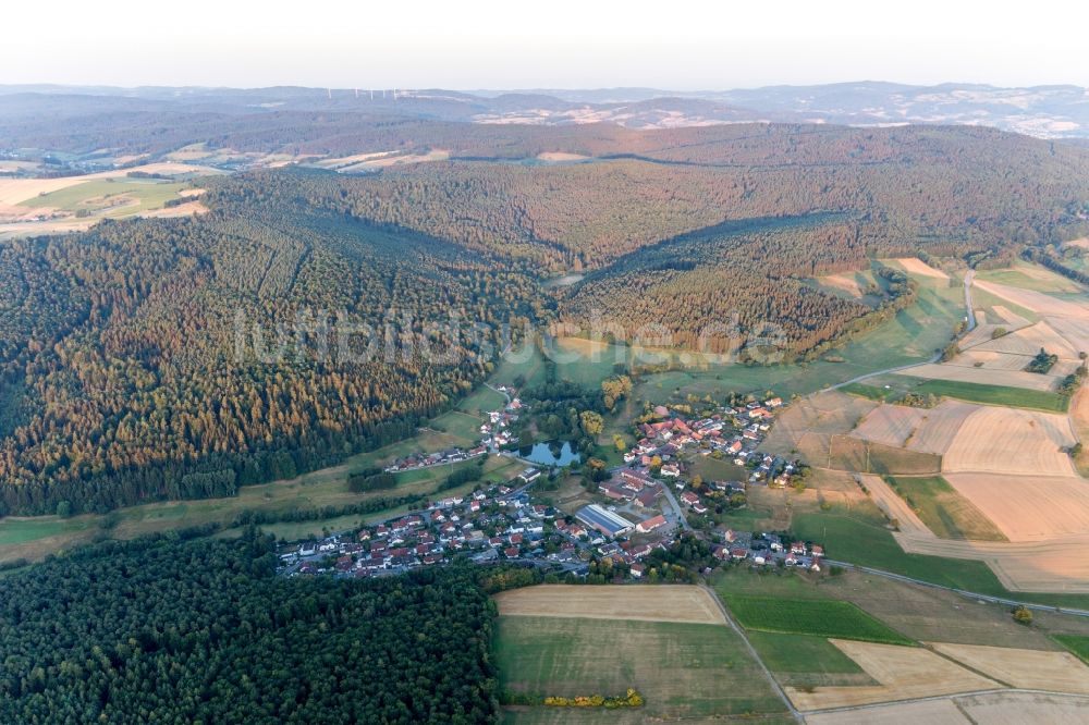 Rehbach von oben - Dorfkern an den See- Uferbereichen in Rehbach im Bundesland Hessen, Deutschland