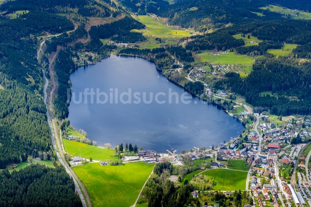 Hinterzarten aus der Vogelperspektive: Dorfkern an den See- Uferbereichen des Titisee in Hinterzarten im Bundesland Baden-Württemberg, Deutschland