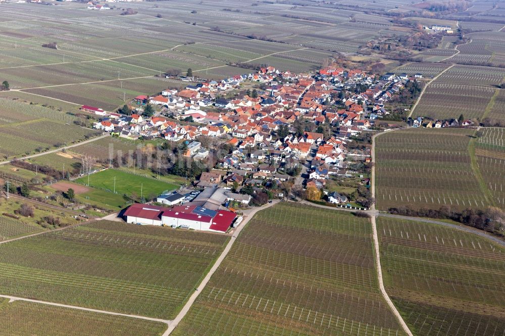 Roschbach aus der Vogelperspektive: Dorfsiedlung am Weinbaugebiet in Roschbach im Bundesland Rheinland-Pfalz, Deutschland