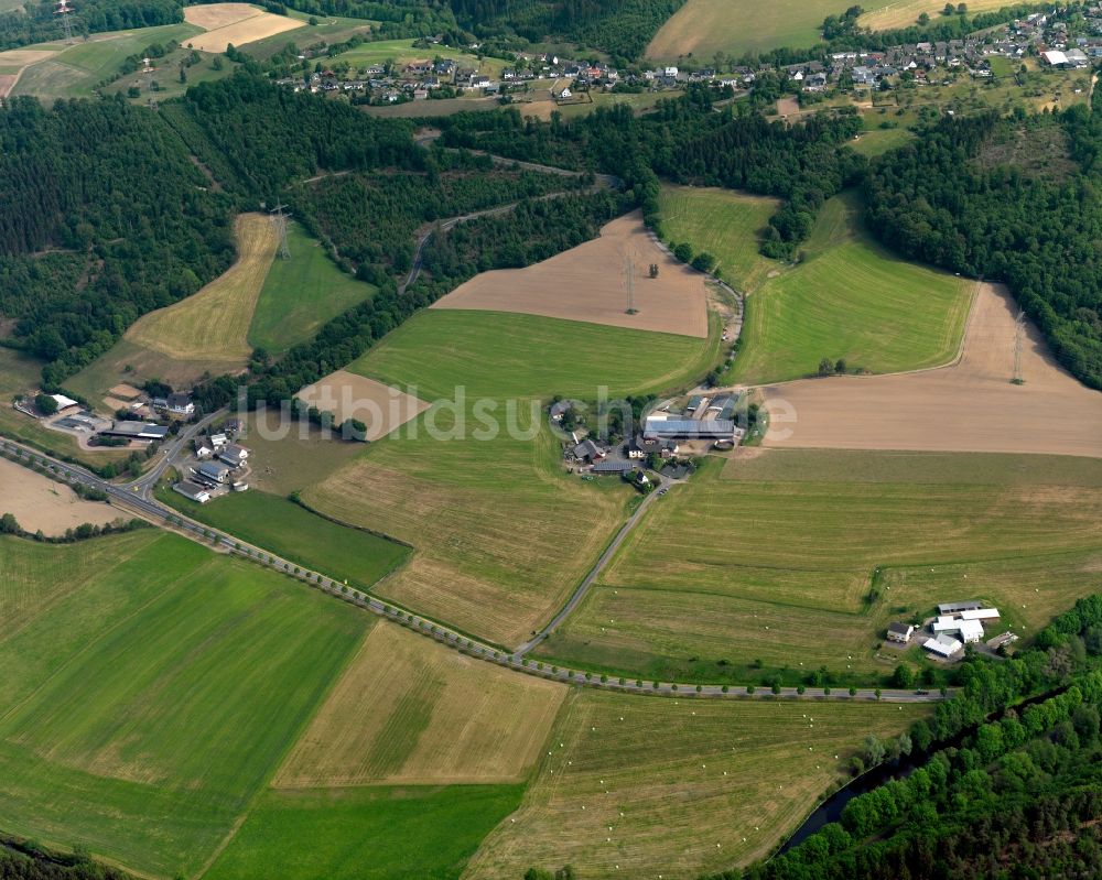 Hövels aus der Vogelperspektive: Drei landwirtschaftliche Höfe an der Sieg in Hövels im Bundesland Rheinland-Pfalz