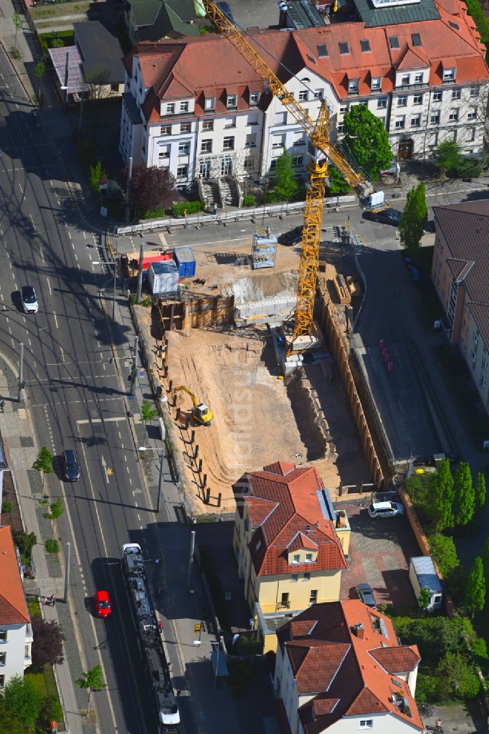 Luftaufnahme Dresden - Eckhaus- Baustelle zum Neubau eines Wohn- und Geschäftshauses Schandauer Straße im Ortsteil Blasewitz in Dresden im Bundesland Sachsen, Deutschland