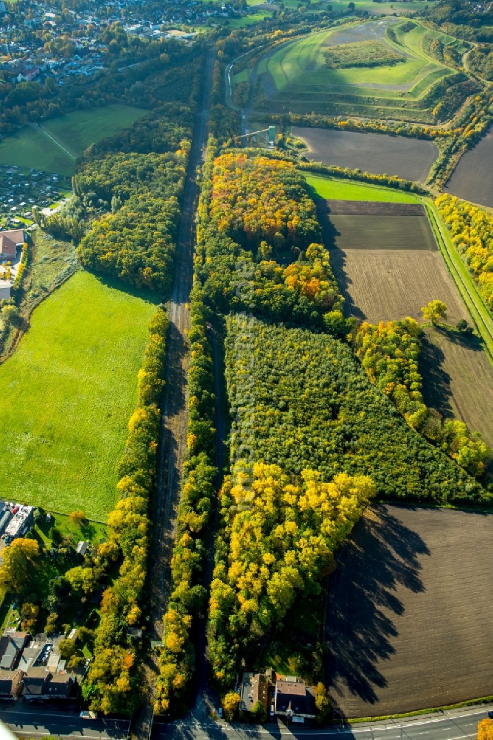 Hamm aus der Vogelperspektive: Ehemalige Zechenbahntrasse in herbstlicher Landschaft im Ortsteil Wiescherhöfen in Hamm im Bundesland Nordrhein-Westfalen