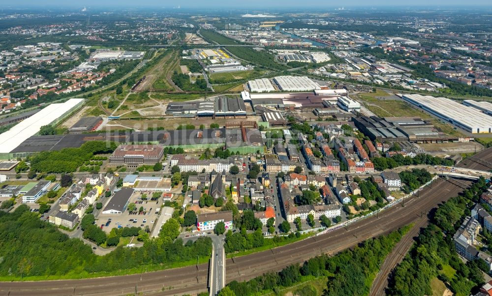 Dortmund aus der Vogelperspektive: Ehemalige Zentrale-, Verwaltungsgebäude und Produktionshallen der Hoesch-Stahl AG in Dortmund im Bundesland Nordrhein-Westfalen