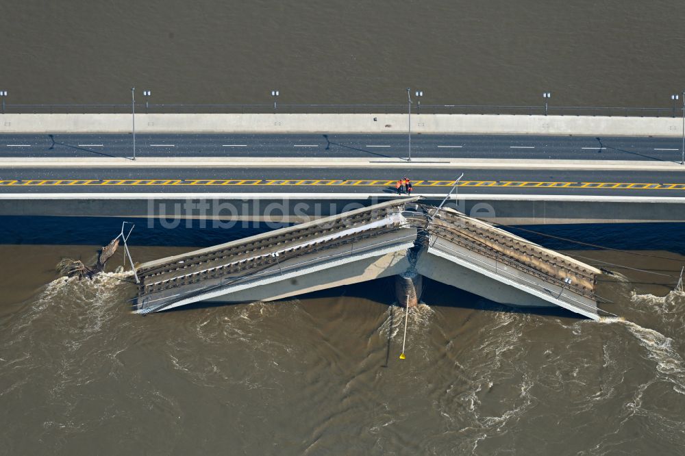 Luftbild Dresden - Eingestürzte Elbe- Flußbrücke Carolabrücke in Dresden im Bundesland Sachsen, Deutschland