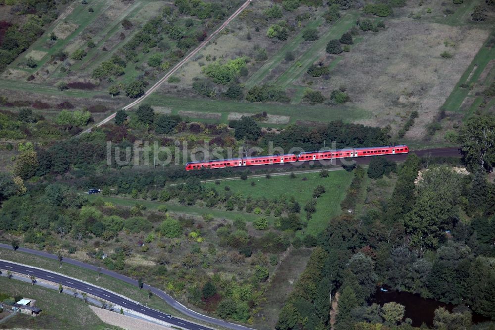 Ingelheim am Rhein aus der Vogelperspektive: Eisenbahnstrecke mit Zug bei Ingelheim am Rhein im Bundesland Rheinland-Pfalz