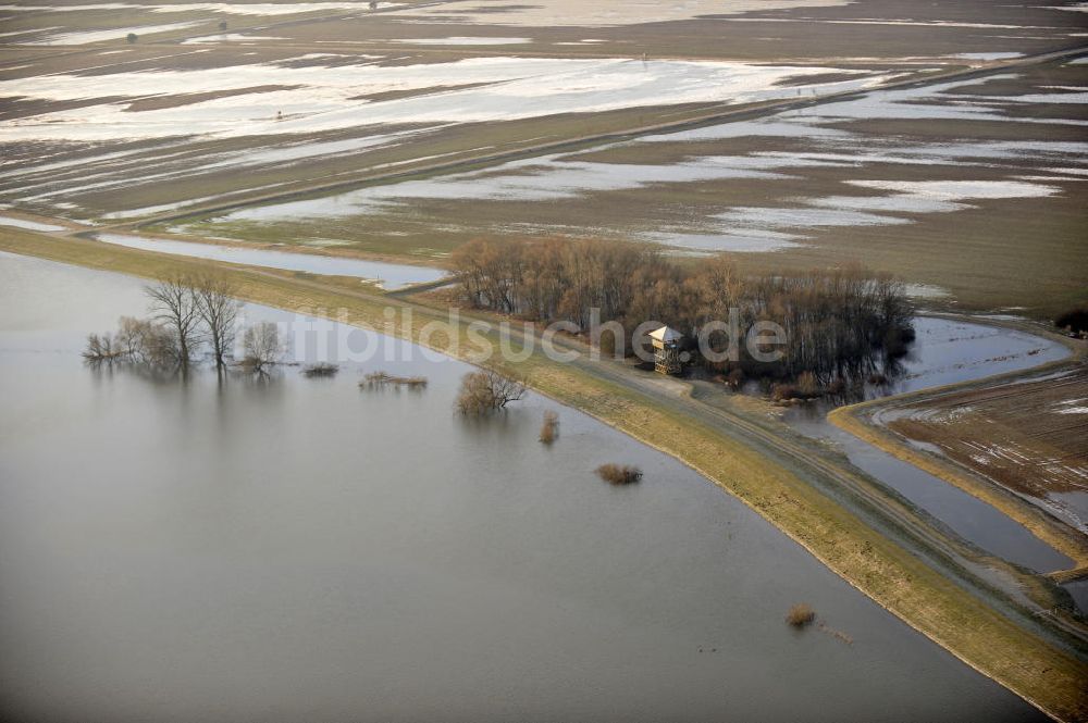 Luftaufnahme Tangermünde - Bölsdorf - Elbe-Hochwasser mit den Überflutungsgebieten in Tangermünde-Bölsdorf, Sachsen-Anhalt