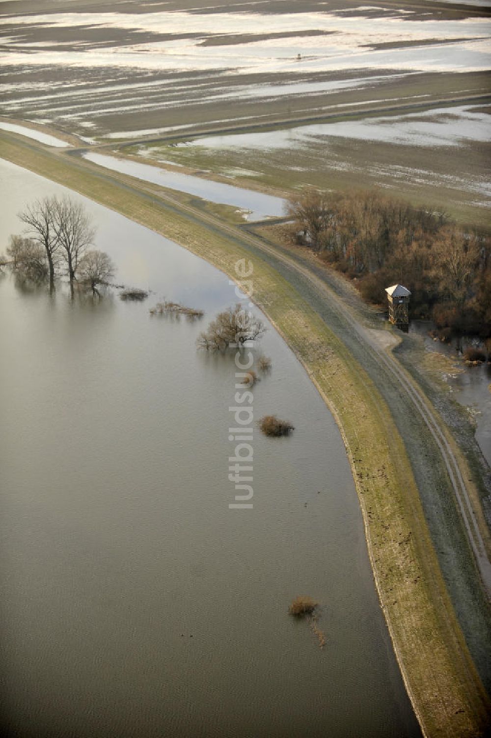 Tangermünde - Bölsdorf aus der Vogelperspektive: Elbe-Hochwasser mit den Überflutungsgebieten in Tangermünde-Bölsdorf, Sachsen-Anhalt