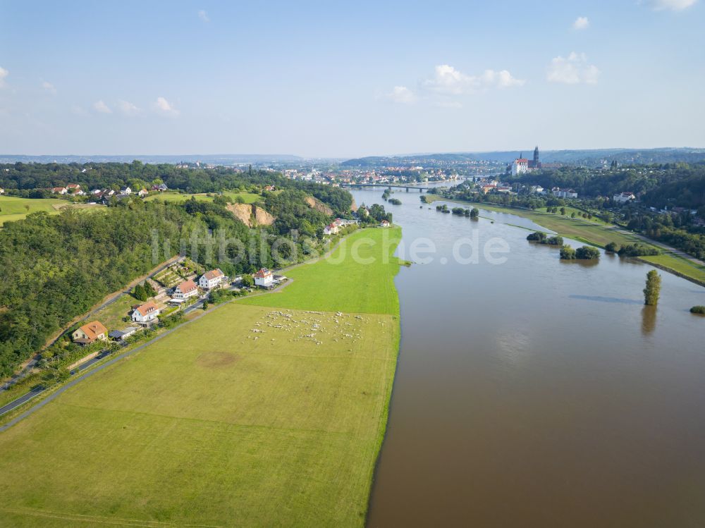 Meißen von oben - Elbehochwasser in Meißen im Bundesland Sachsen, Deutschland