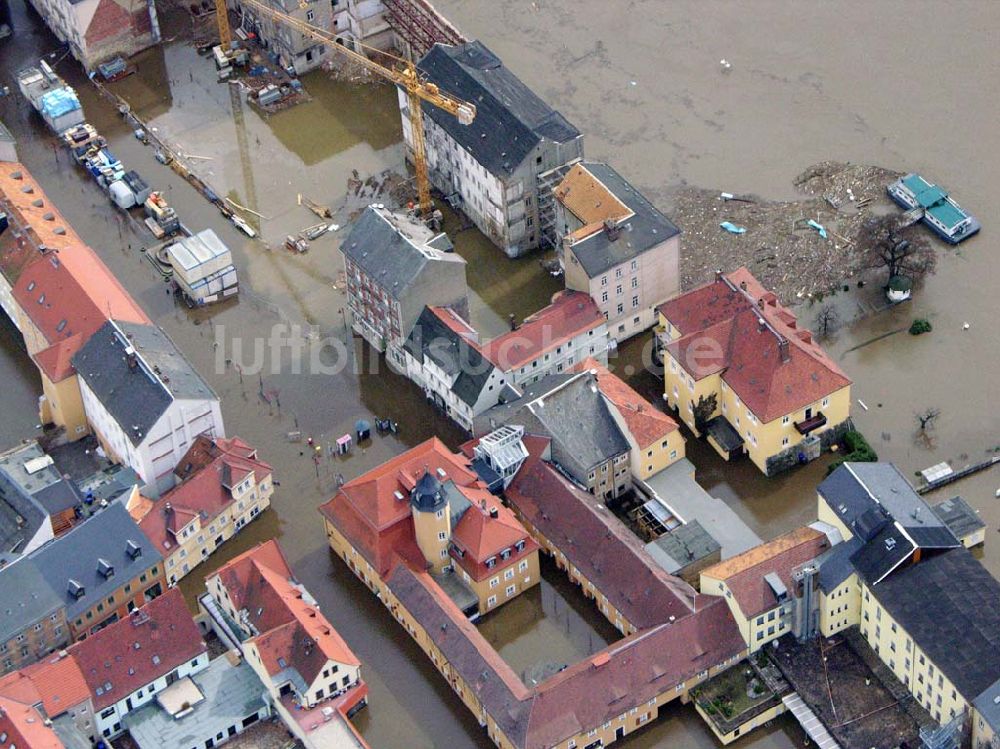 Luftbild Bad Schandau - Elbhochwasser auf dem Marktplatz in Bad Schandau