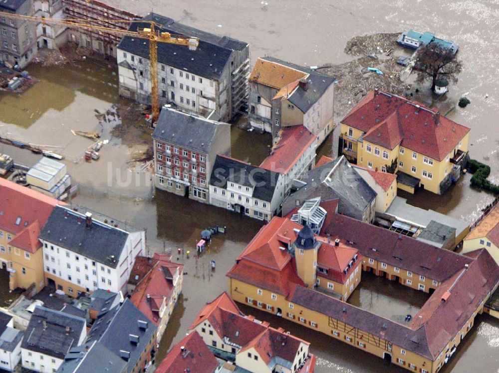 Luftaufnahme Bad Schandau - Elbhochwasser auf dem Marktplatz in Bad Schandau