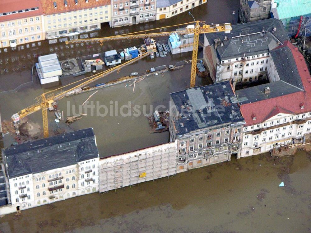 Bad Schandau von oben - Elbhochwasser auf dem Marktplatz in Bad Schandau